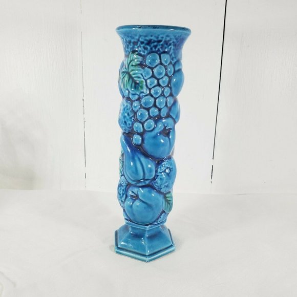 Vintage Inarco Pottery Blue Mood Indigo 8" Bud Vase E 3096 signed gold labels - Picture 5 of 11